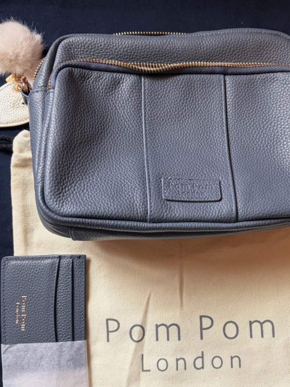 Pom Pom London Original crossbody bag (slate blue) pebbled leather (NWOT)